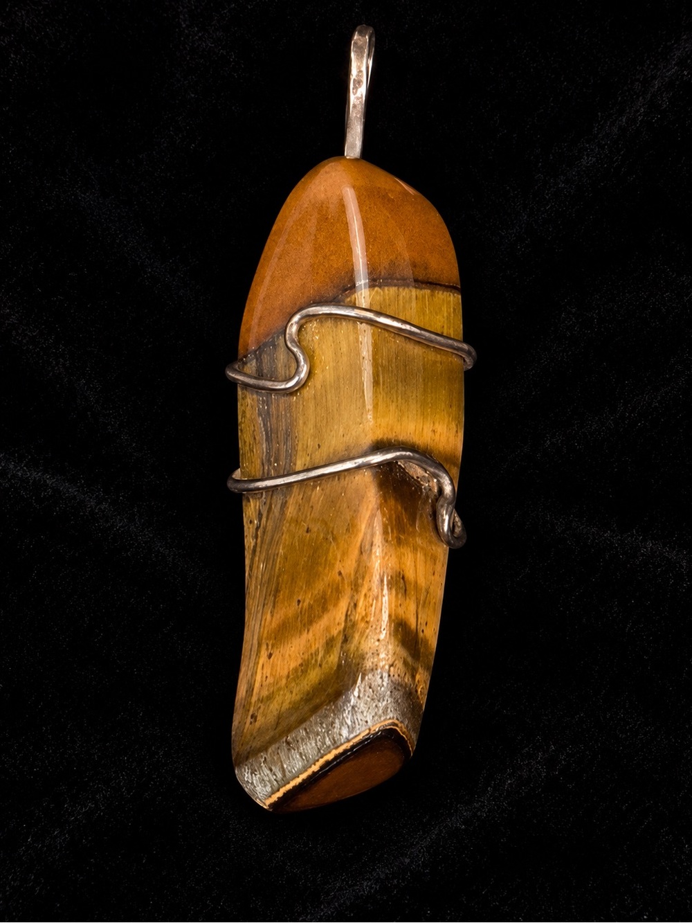 Vintage Large Brown Gold Banded Stone Style Wire Wrapped Pendant